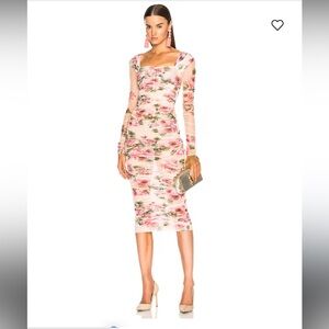 Romantic Floral Ruched Midi Dress with Sheer Sleeves